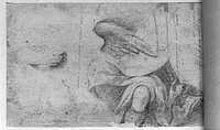K VII 008 verso
<br/>
Rechterhand; vleugel; benen van zittend veldheer
<br/>
<em>Campagnola, Domenico (1482/1500-1564) - omgeving van</em>